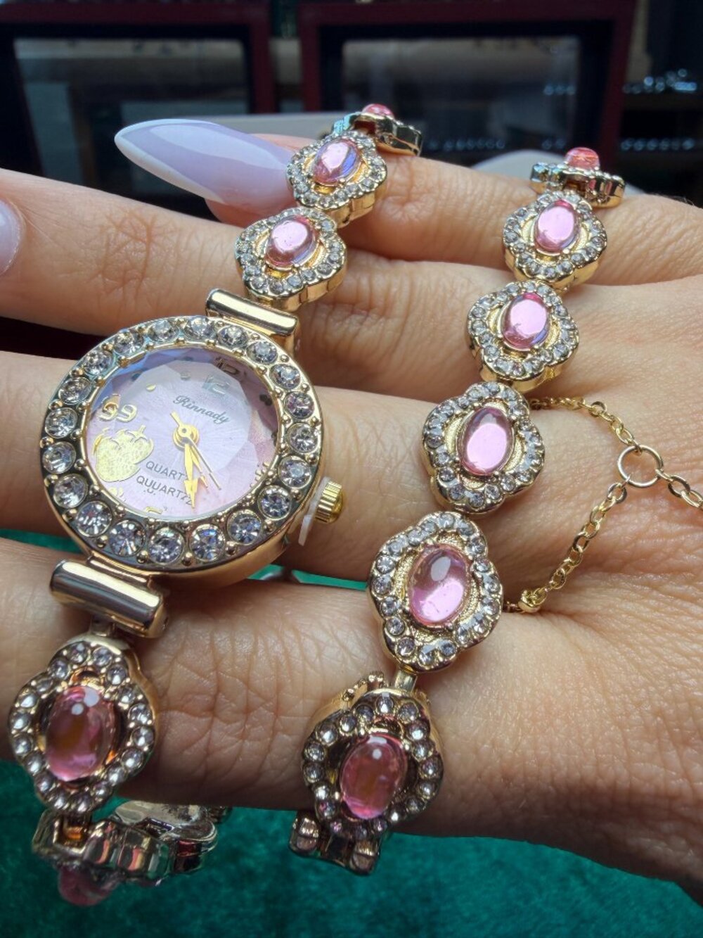 Gold Tone Rhinestone Bracelet Watch Pink Stones + Matching Hand Chain Bracelet